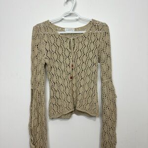 Vintage Beige Crochet Tie-Front Sweater Top